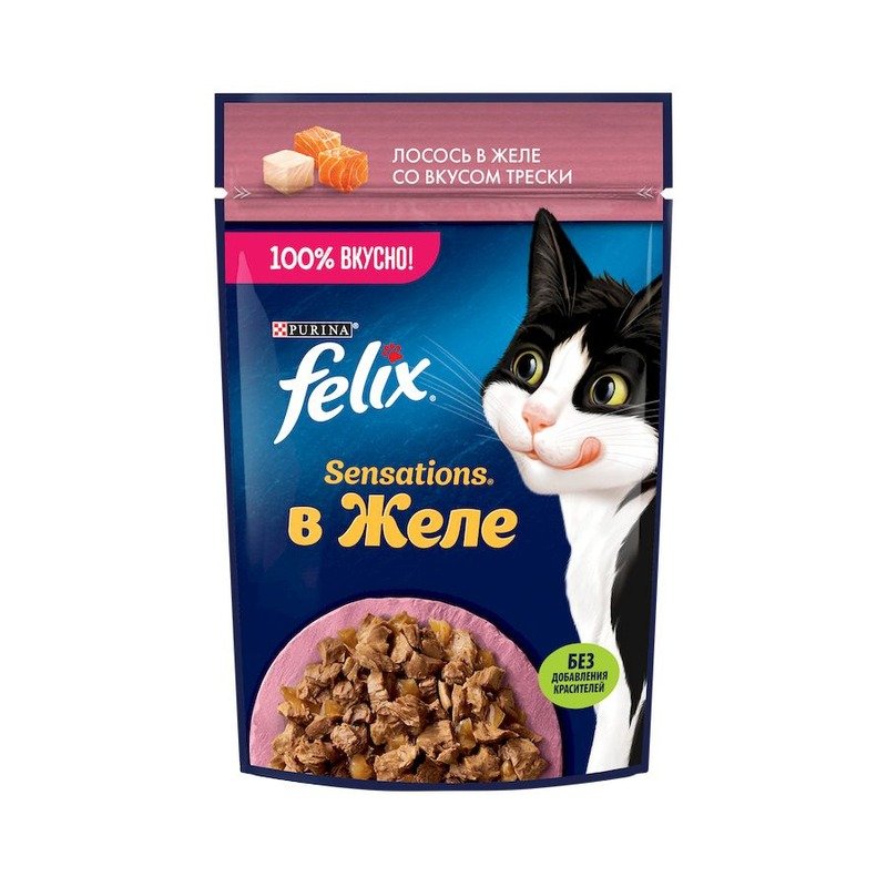 Felix Sensations влажный корм для взрослых кошек, лосось и треска в желе, в паучах - 75 г х 26 шт