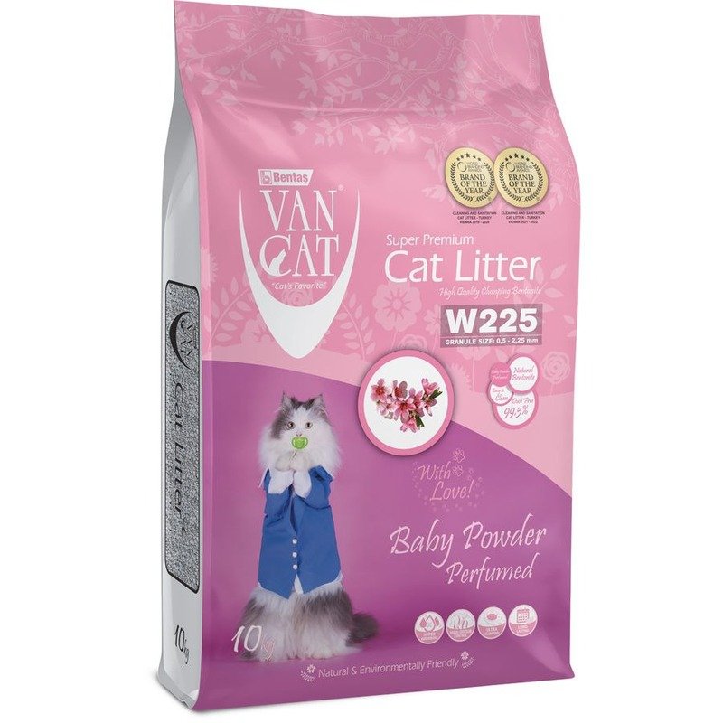 Van Cat Baby Powder наполнитель для кошек, 100% натуральный, комкующийся, без пыли, с ароматом детской присыпки - 10 кг