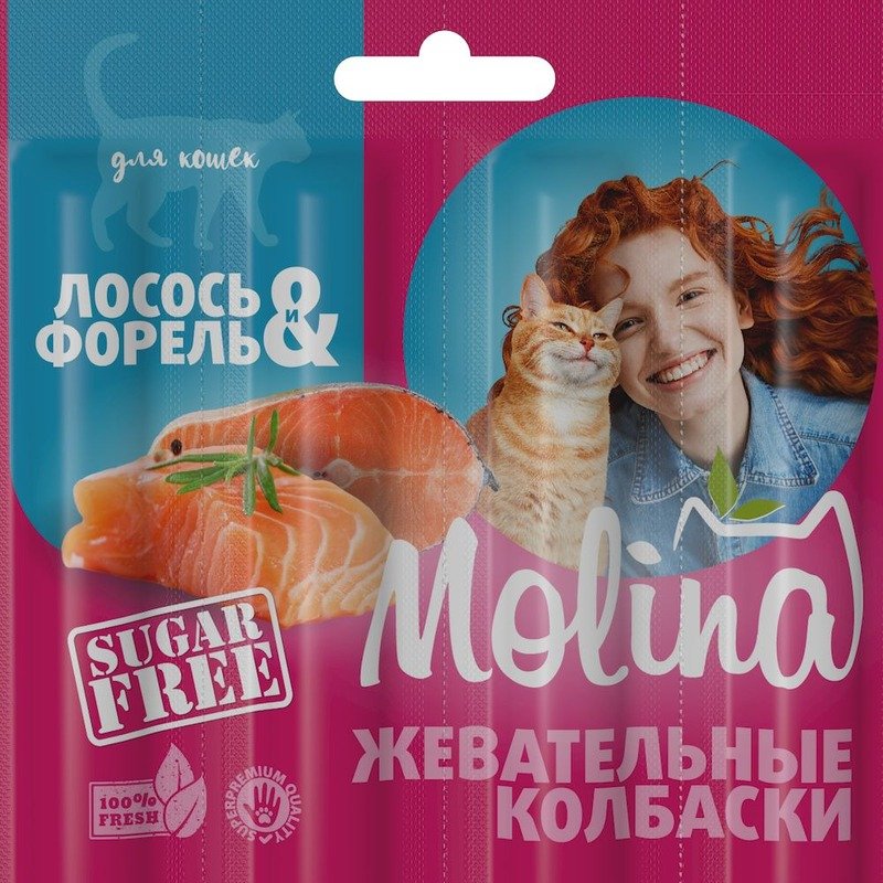 Molina лакомство для кошек, с лососем и форелью, жевательные колбаски - 20 г