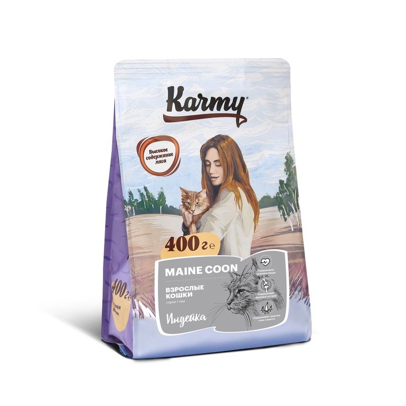 Karmy Maine Coon Adult полнорационный сухой корм для кошек породы мейн кун, с индейкой - 400 г